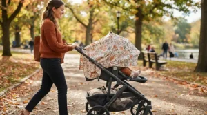 A breathable textile from a receiving blankets multipack draped over a stroller during a brisk autumn walk in Toronto.