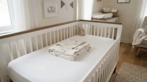 A warm flannel fabric from a receiving blankets multipack used for cozy winter layering in a baby cot.