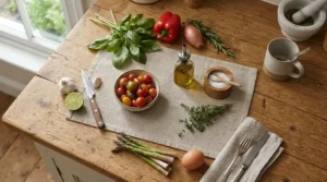 A washable wrinkle resistant photography backdrop used as a clean surface for a Canadian culinary food shoot.