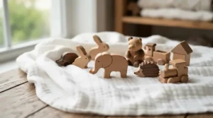 Wooden photography props and floral accents arranged delicately on a soft white photography backdrop blanket.