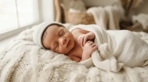 A newborn baby resting peacefully on a white photography backdrop blanket during a professional studio session in Canada.