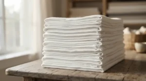 Organic cotton white photography backdrop blanket folded neatly to showcase its breathable and soft weave.