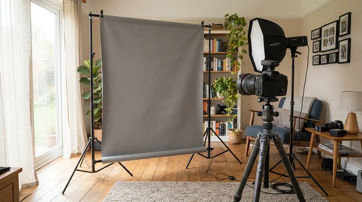 A wrinkle resistant photography backdrop set up in a bright Vancouver living room studio for portrait sessions.